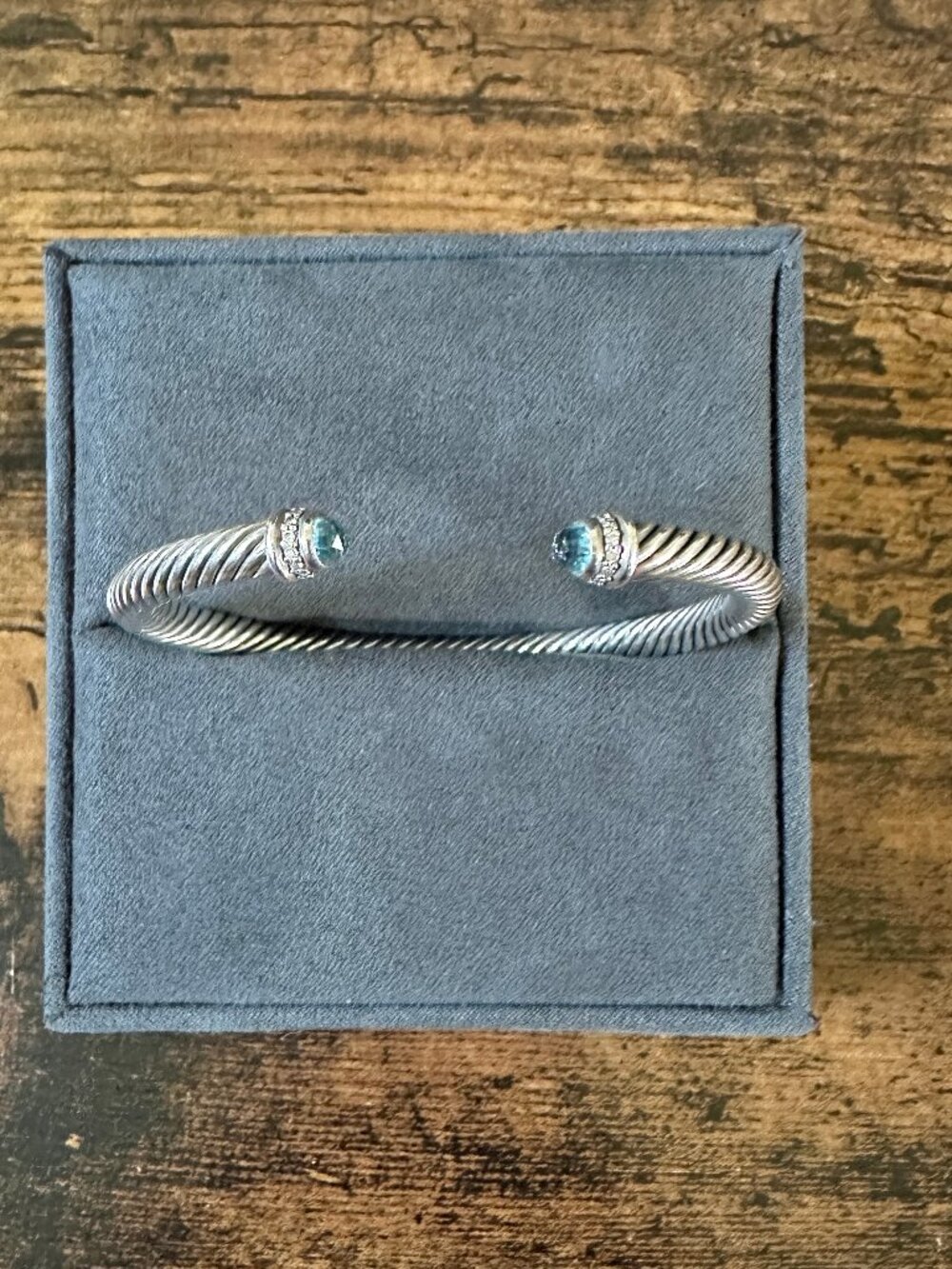 David Yurman Cable Cuff Bracelet w/ Blue Topaz & White Diamonds - 5 mm - Sz Med - Picture 2 of 16